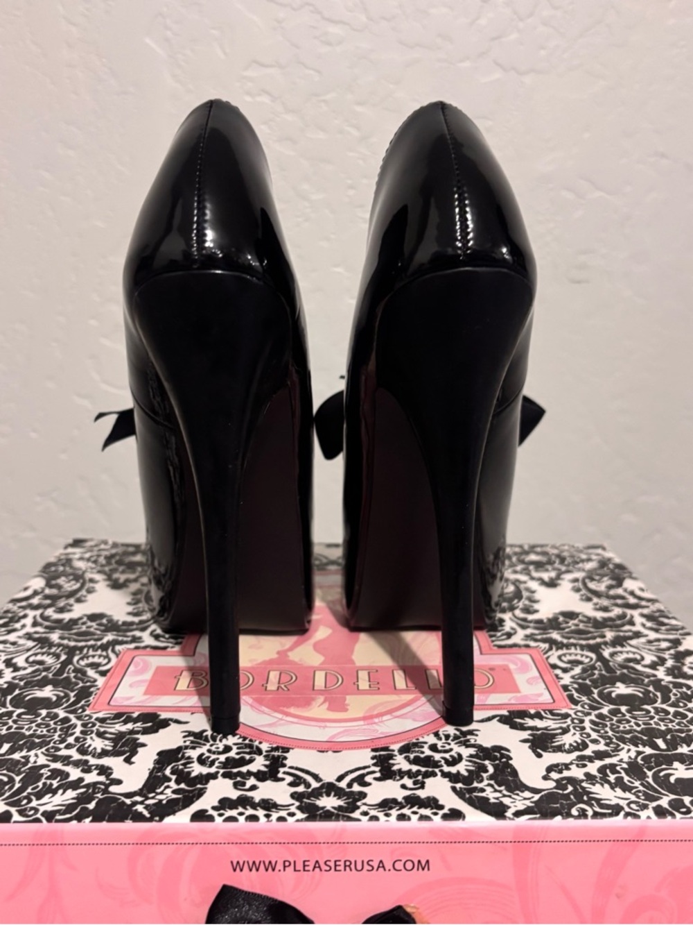 Bordello Black Patent Heart-Cut heels with Ribbon Tie - Picture 5 of 8